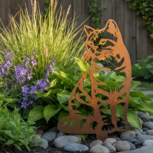 Shilouette d'animal en acier corten représentant un chat tigré en extérieur – Normandy Steel