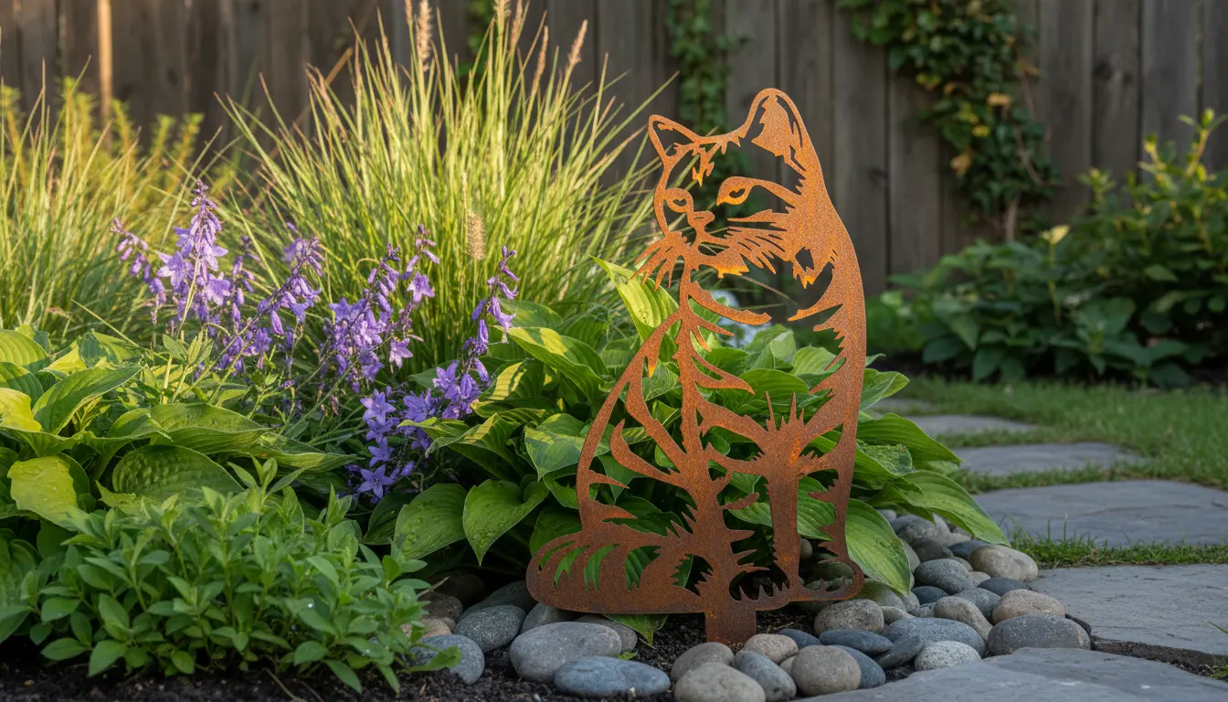 Shilouette d'animal en acier corten représentant un chat tigré en extérieur – Normandy Steel