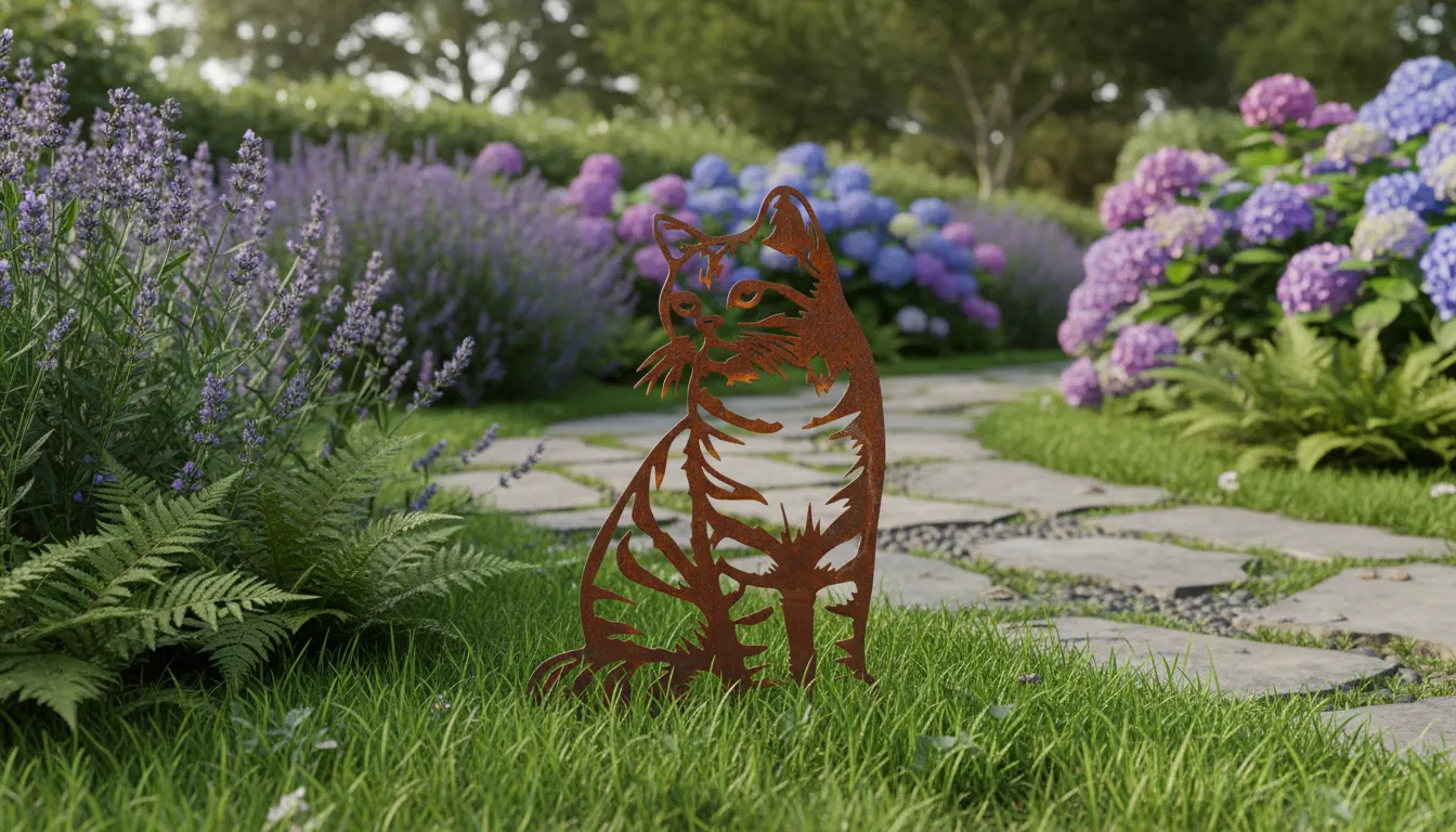 Shilouette d'animal en acier corten représentant un chat tigré dans un jardin – Normandy Steel