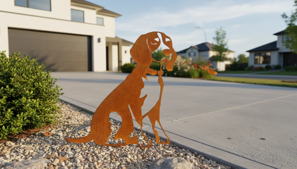 Silhouette d'animal en acier corten représentant un chien dans une allée de garage – Normandy Steel