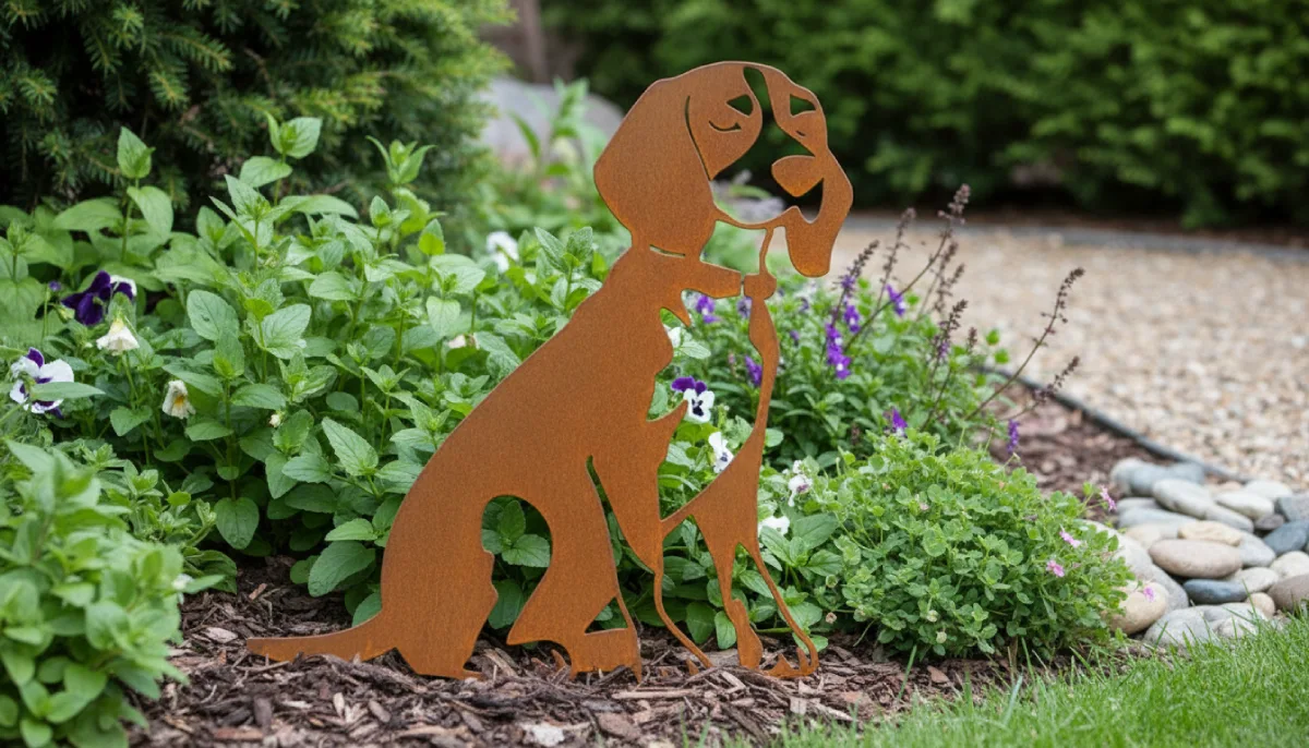 Silhouette d'animal en acier corten représentant un chien dans un jardin – Normandy Steel