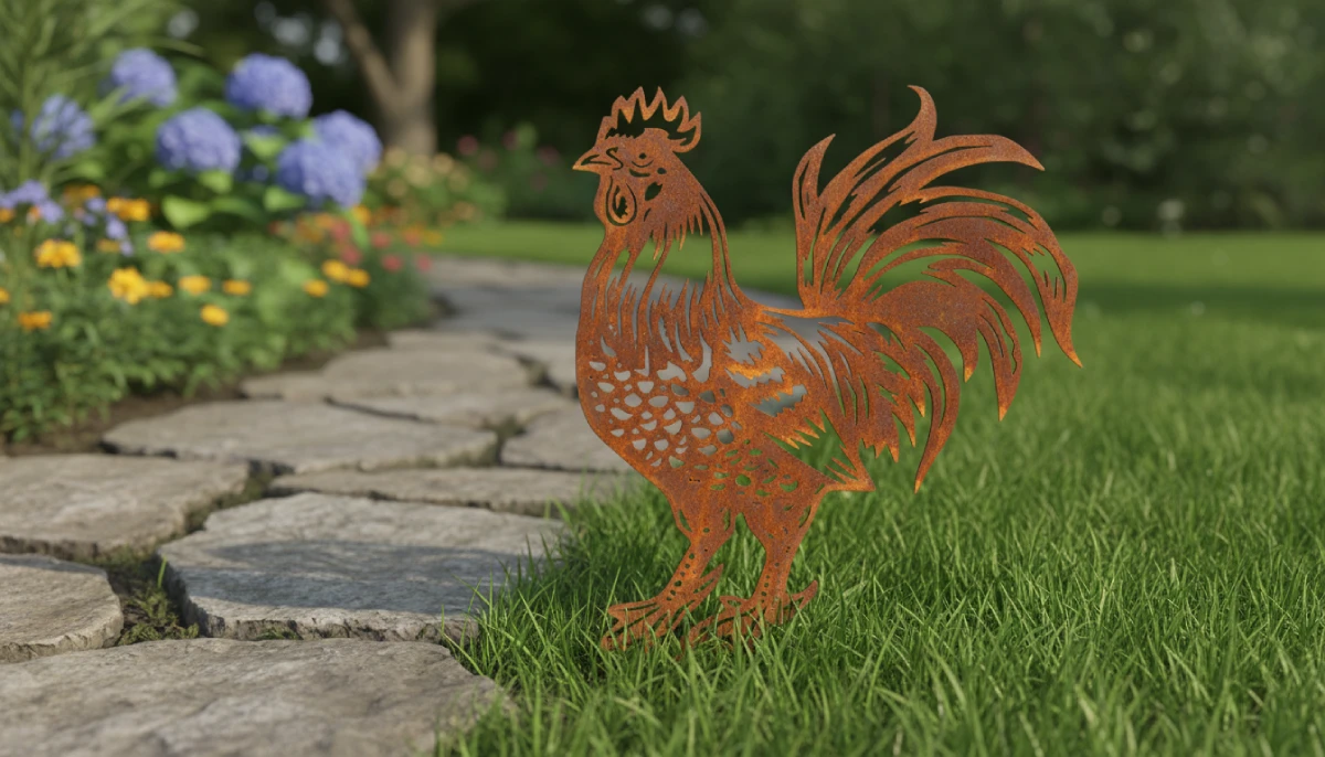 Silhouette d'animal en acier corten représentant un coq en extérieur – Normandy Steel