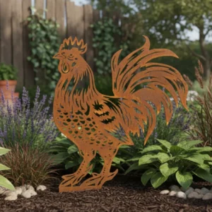 Silhouette d'animal en acier corten représentant un coq dans un jardin – Normandy Steel