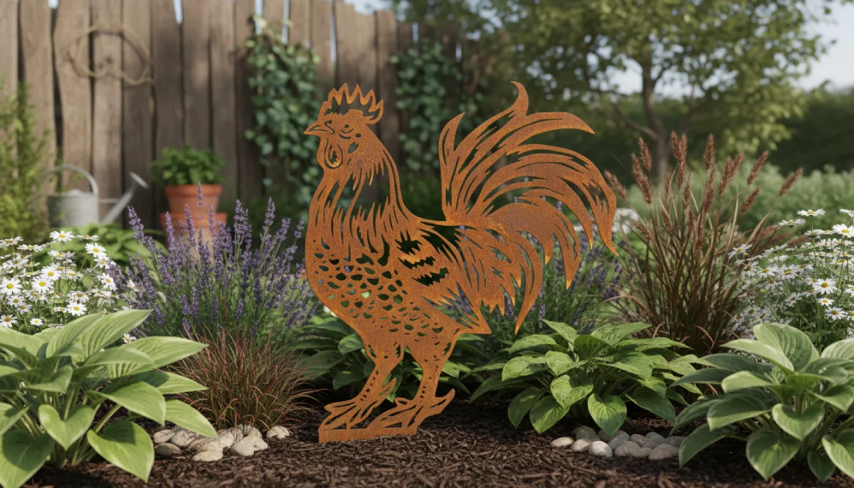 Silhouette d'animal en acier corten représentant un coq dans un jardin – Normandy Steel