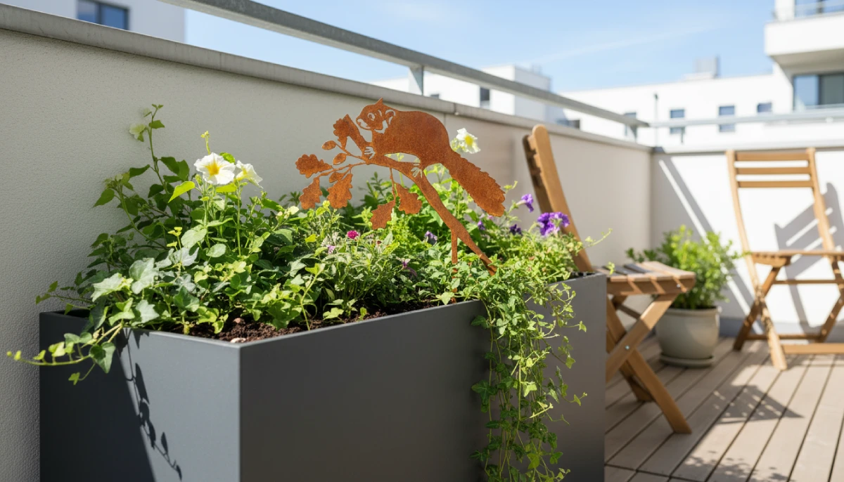 Silhouette d'animal en acier corten représentant un écureil sur une terasse d'appartement – Normandy Steel