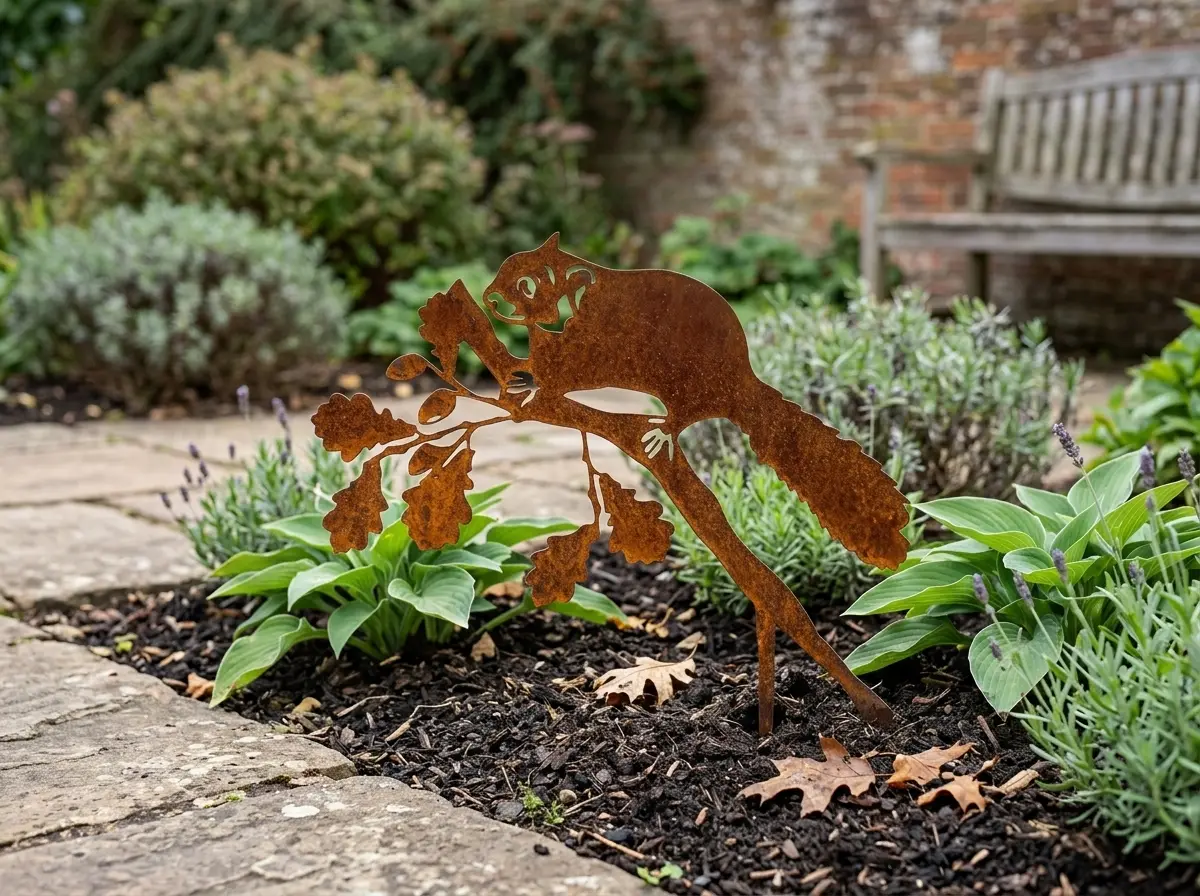 ecureil-corten-exterieur Silhouette d'animal en acier corten représentant un écureil dans un jardin – Normandy Steel