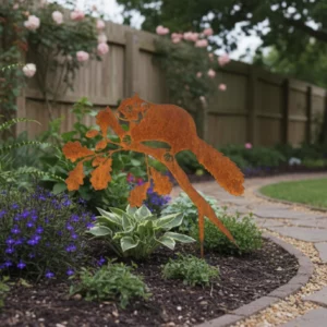 Silhouette d'animal en acier corten représentant un écureil dans un jardin – Normandy Steel