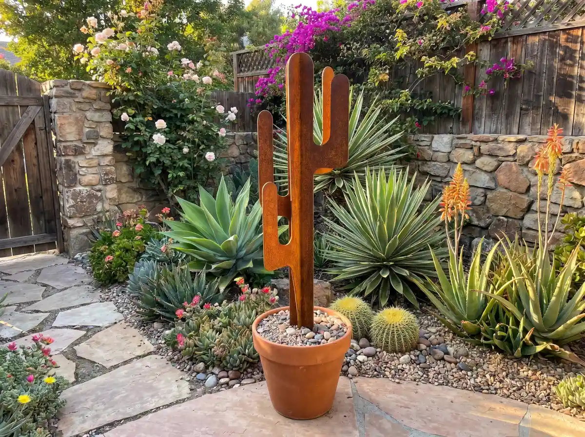 grand-lisse-extérieur Grand cactus lisse en acier corten dans un pot – Normandy Steel