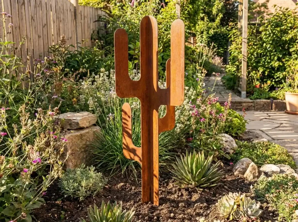 Grand cactus lisse en acier corten dans un jardin – Normandy Steel