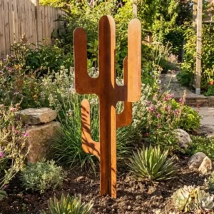 Grand cactus lisse en acier corten dans un jardin – Normandy Steel