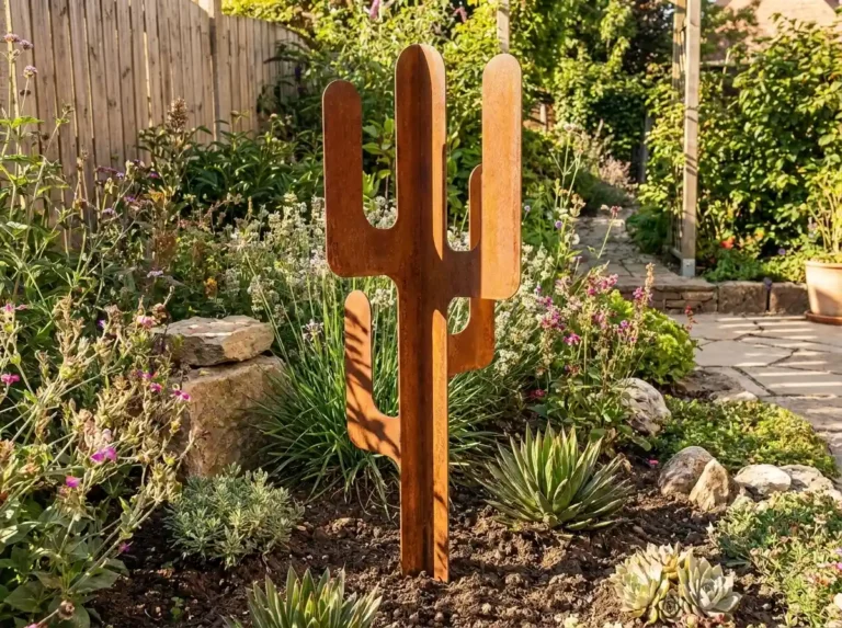 Grand cactus lisse en acier corten dans un jardin – Normandy Steel