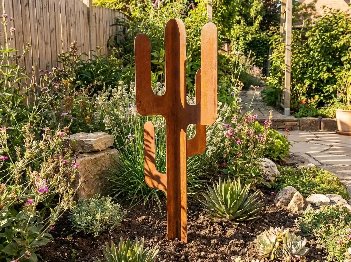 grand-lisse-jardin Grand cactus lisse en acier corten dans un jardin – Normandy Steel