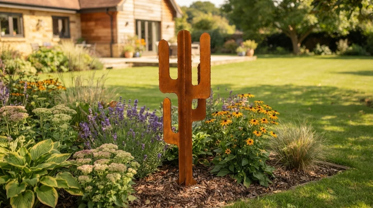 grand-picot-jardin grand cactus en acier corten avec picots dans un jardin – Normandy Steel