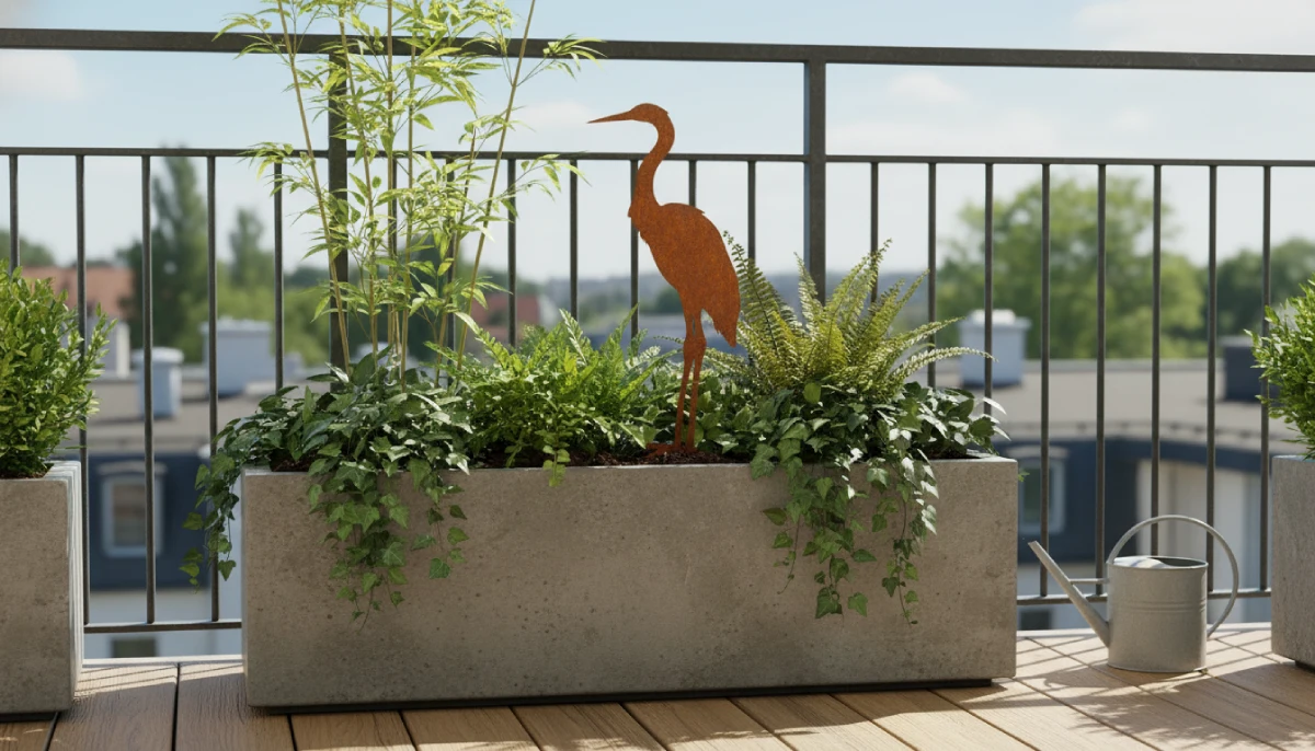 Silhouette d'animal en acier corten représentant un héron sur une terasse d'appartement – Normandy Steel