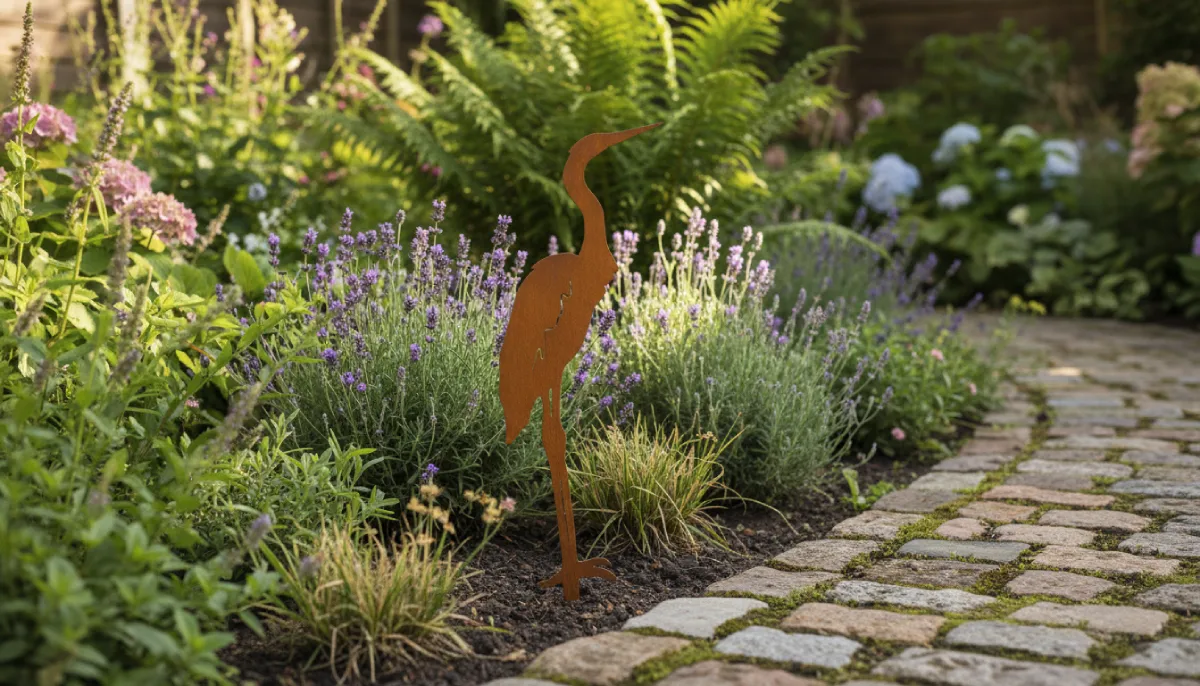 Silhouette d'animal en acier corten représentant un héron dans un jardin – Normandy Steel