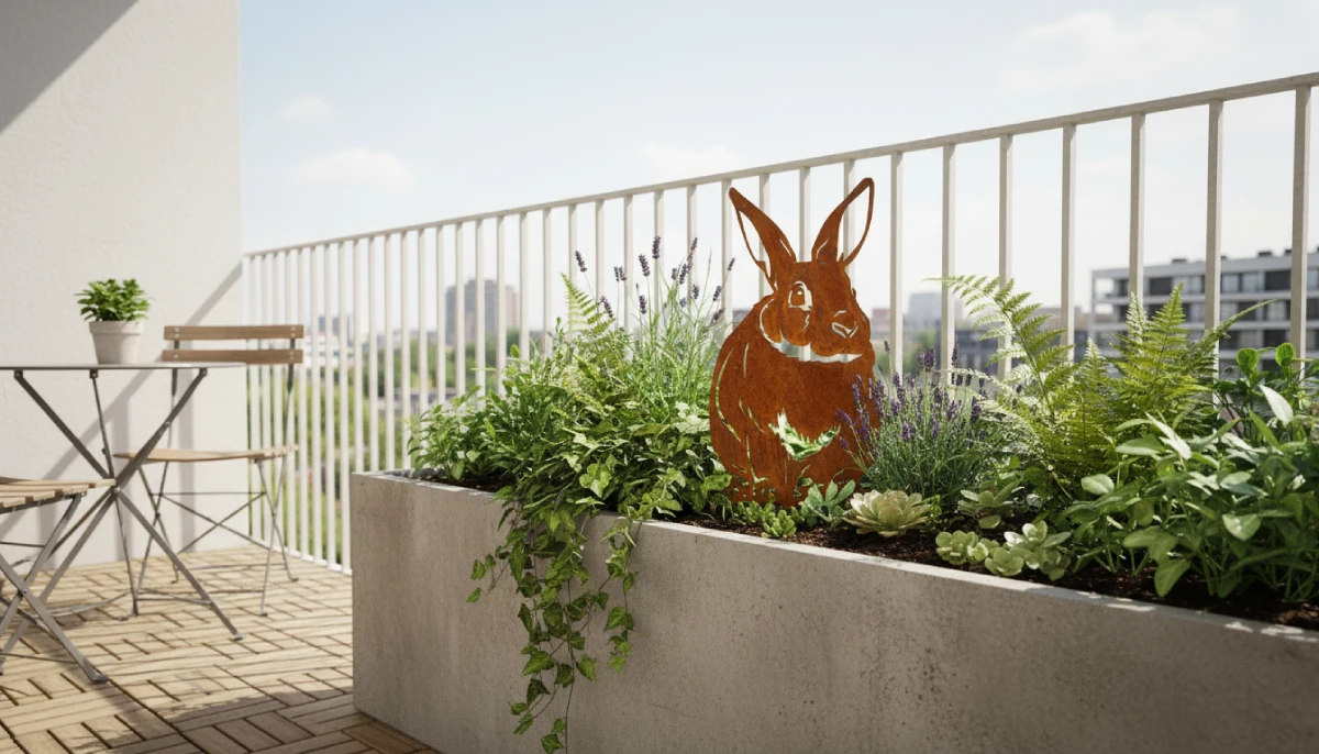 Silhouette d'animal en acier corten représentant un lapin sur une terasse d'appartement – Normandy Steel