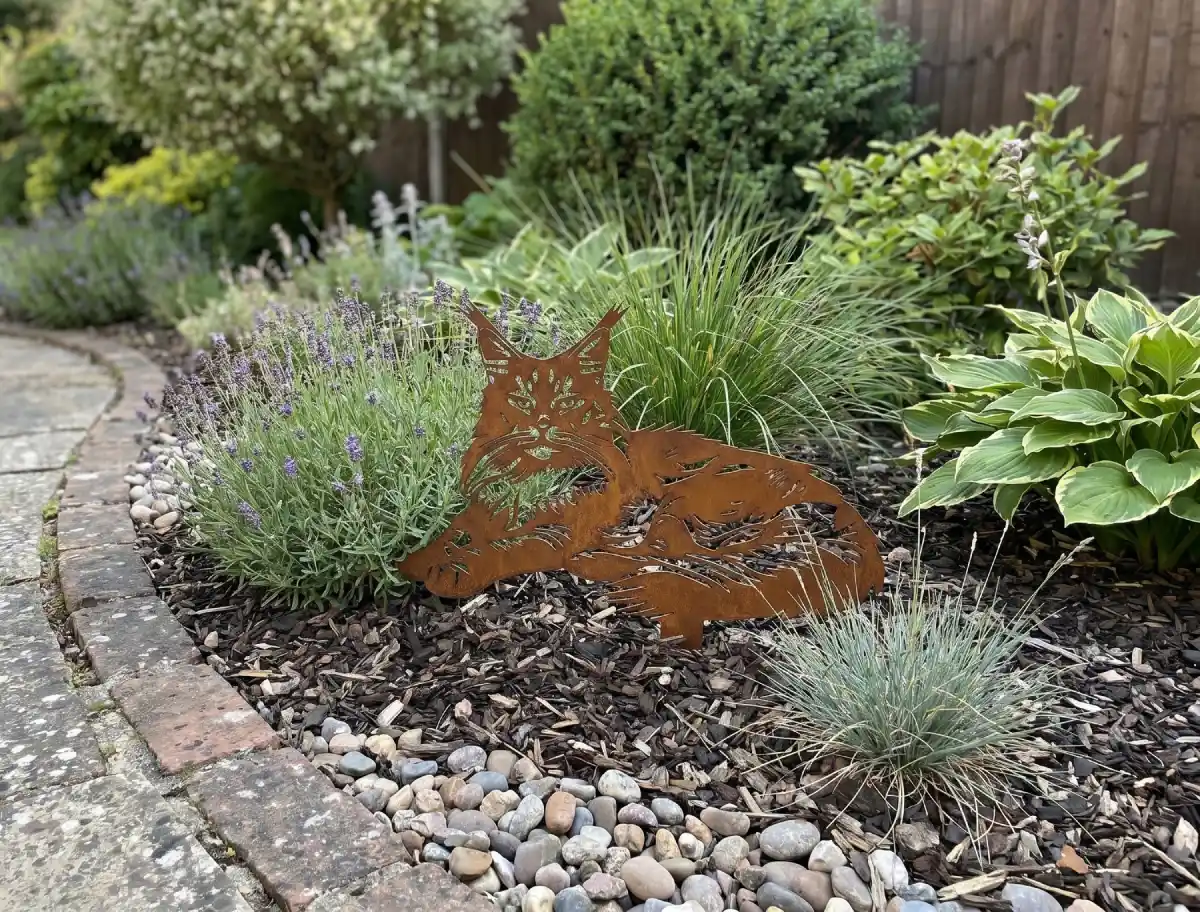 maine-coon-allongé-corten-exterieur Silhouette d'animal en acier corten représentant un Maine coon allongé dans un jardin – Normandy Steel