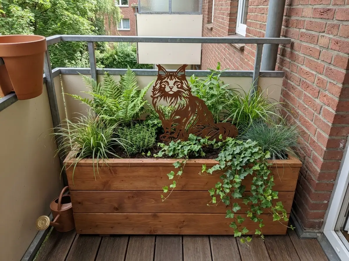 maine-coon-corten-balcon Silhouette d'animal en acier corten représentant un Maine coon sur un balcon – Normandy Steel