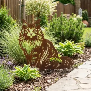 Silhouette d'animal en acier corten représentant un Maine coon dans un jardin – Normandy Steel