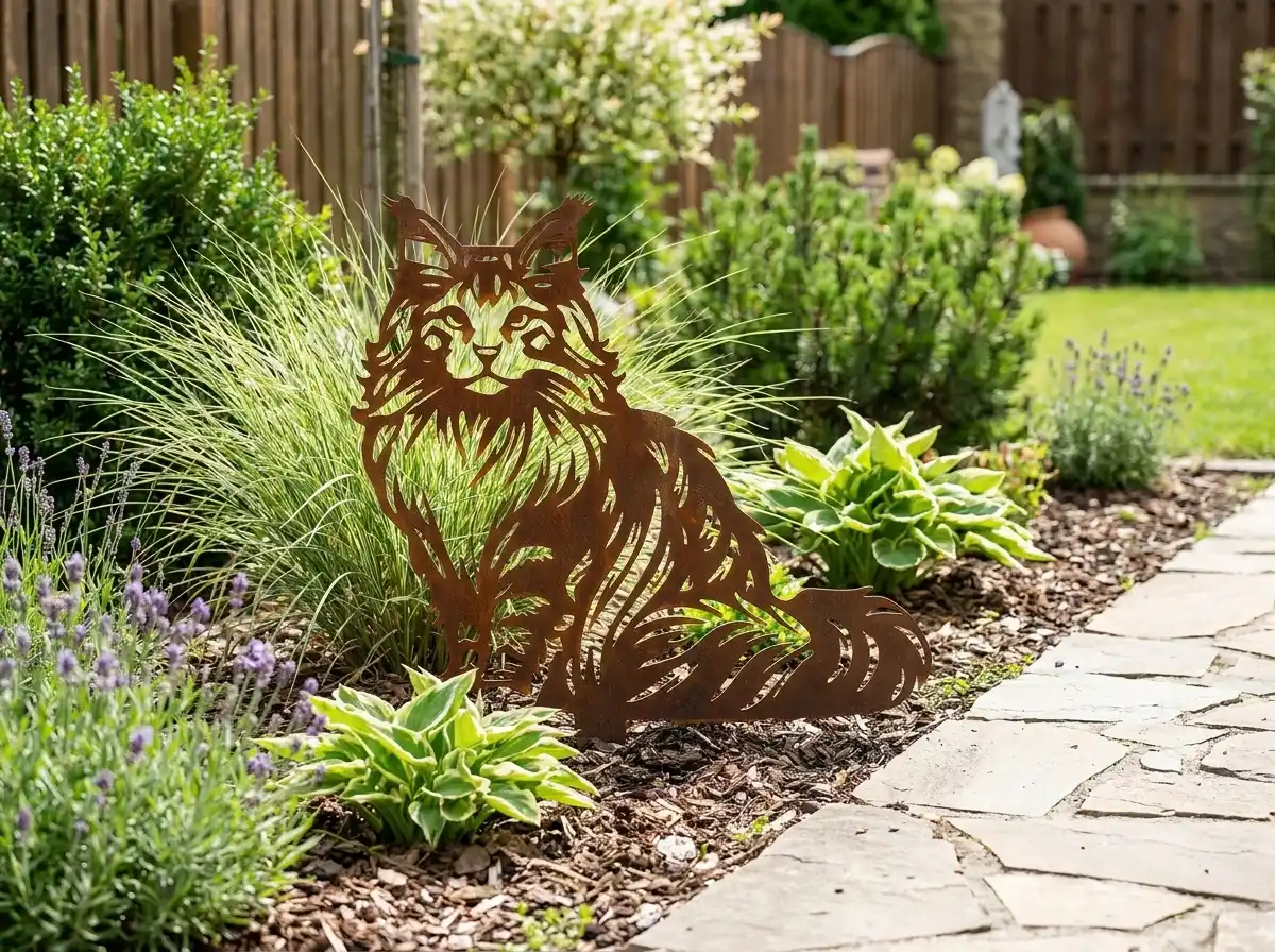 maine-coon-corten-exterieur Silhouette d'animal en acier corten représentant un Maine coon dans un jardin – Normandy Steel