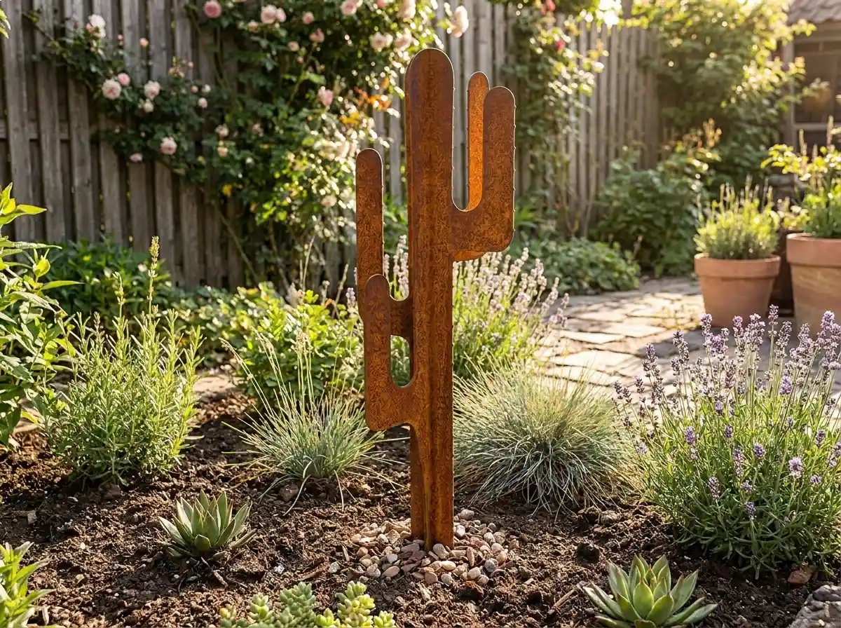 petit-picot-extérieur petit cactus en acier corten avec picots dans un jardin – Normandy Steel