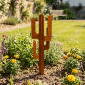 petit cactus en acier corten avec picots dans un jardin – Normandy Steel