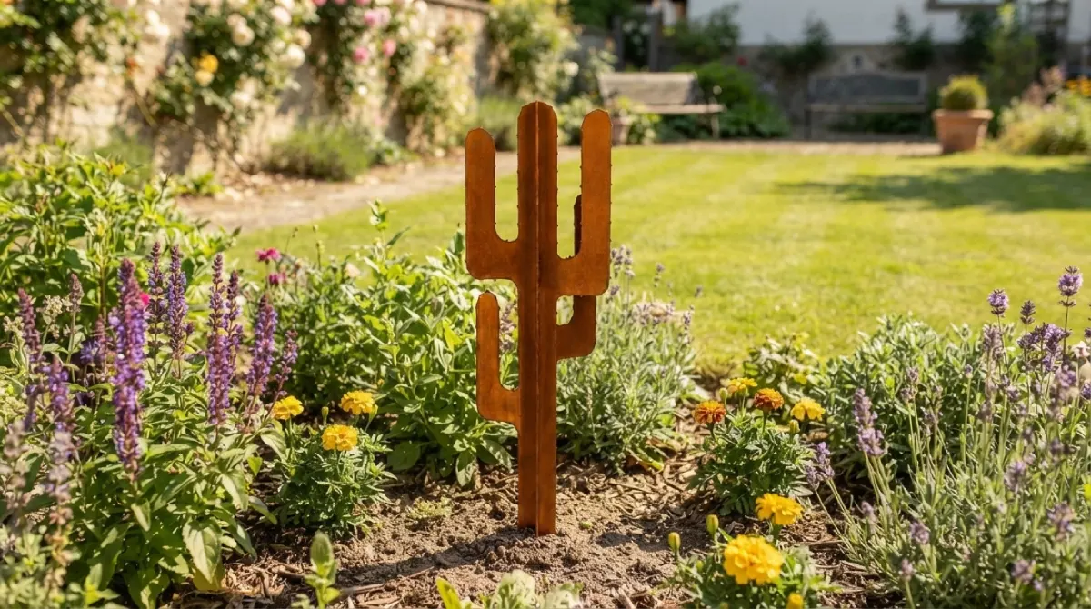 petit-picot-jardin petit cactus en acier corten avec picots dans un jardin – Normandy Steel