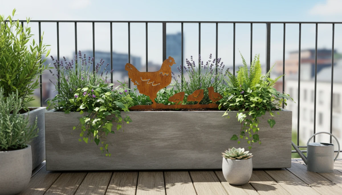 Silhouette d'animal en acier corten représentant une poule et ses poussins sur une terasse d'appartement – Normandy Steel
