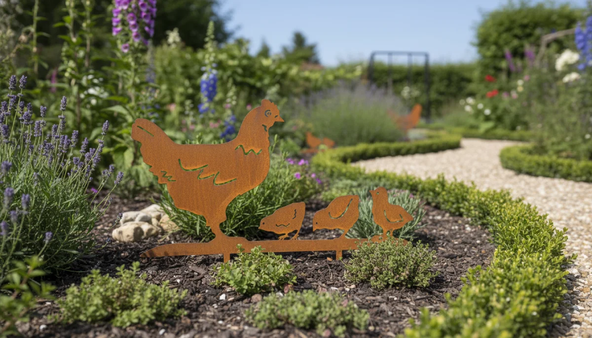 Silhouette d'animal en acier corten représentant une poule et ses poussins dans un jardin – Normandy Steel