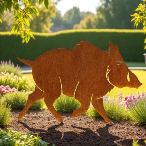 Silhouette d'animal en acier corten représentant un sanglier dans un jardin
