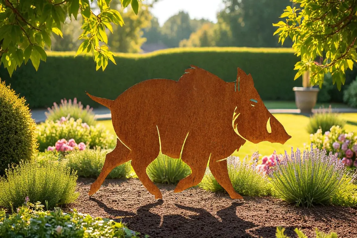 sanglier-corten-exterieur Silhouette d'animal en acier corten représentant un sanglier dans un jardin