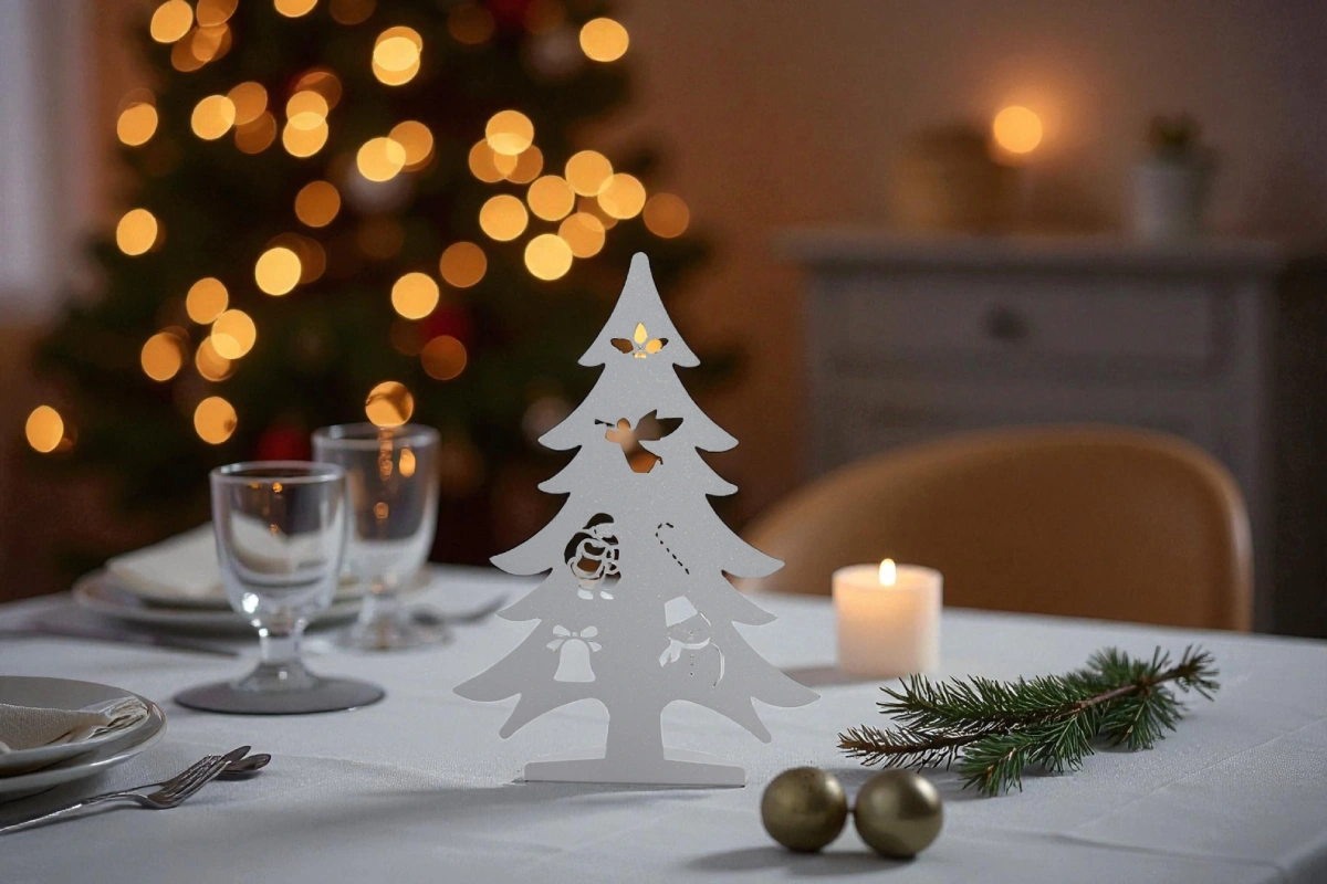 Sapin décoratif blanc en aluminium sur une table de fête sapin decoratif blanc en aluminium sur une table de fete