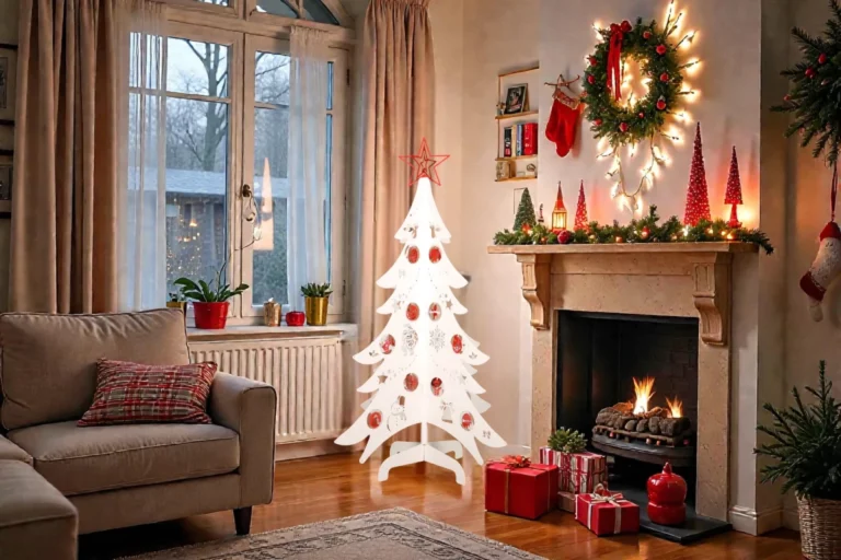 Sapin de noel blnanc avec decoration rouge pailleté en metal – Normandy Steel