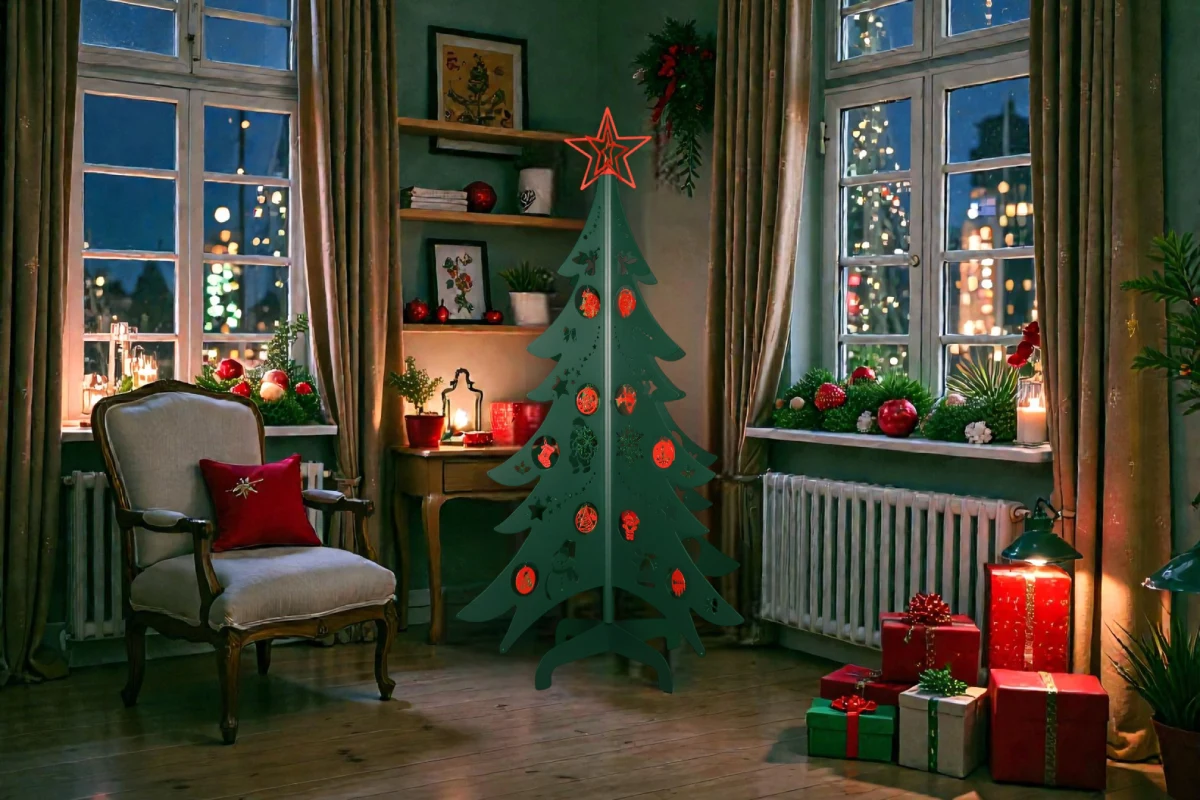 Sapin de Noël vert avec décoration rouge pailleté en metal Sapin de noel vert avec decoration rouge pailleté en metal – Normandy Steel