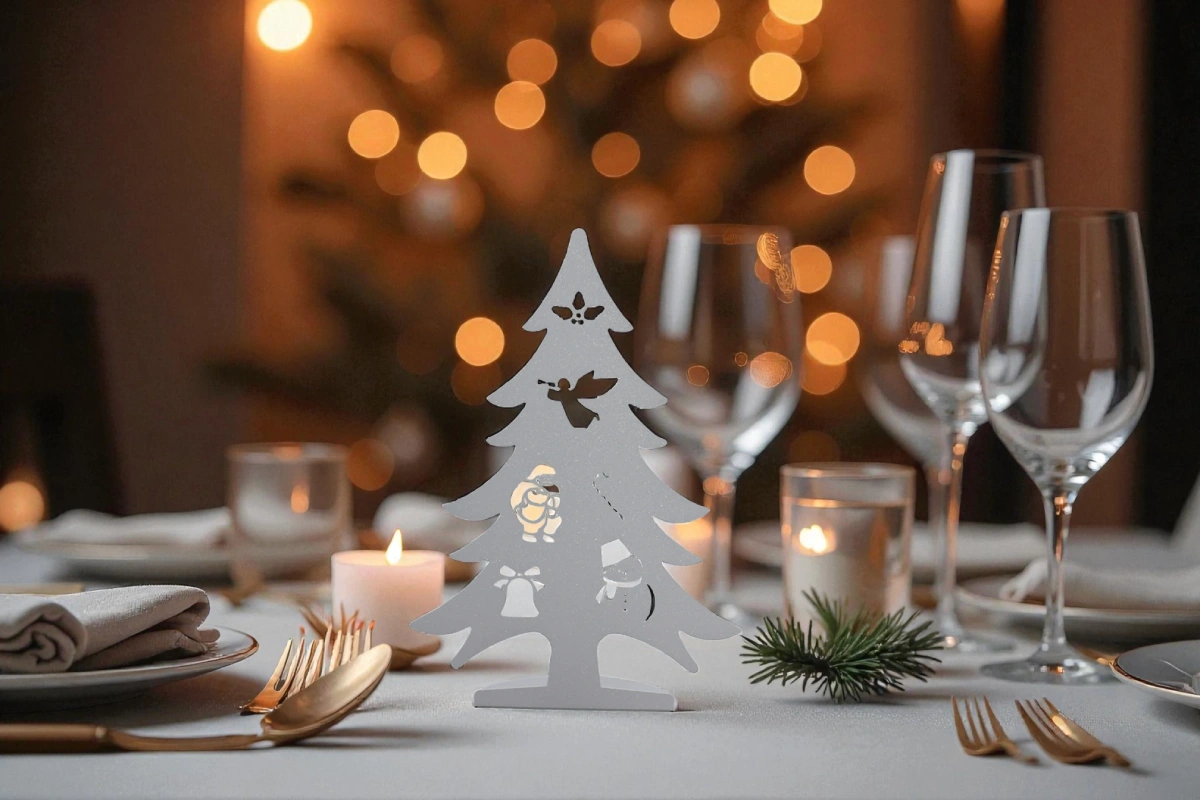 Sapin décoratif blanc en aluminium sur une table de Noël sapin decoratif blanc en aluminium sur une table de noel