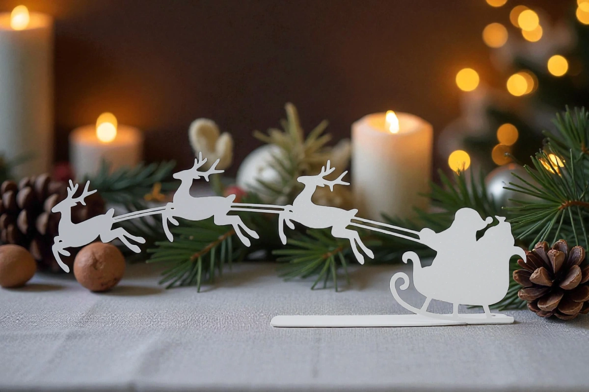 Père Noël décoratif blanc sur une table de Noël Pere noel décoratif blanc en aluminium sur une table de noel