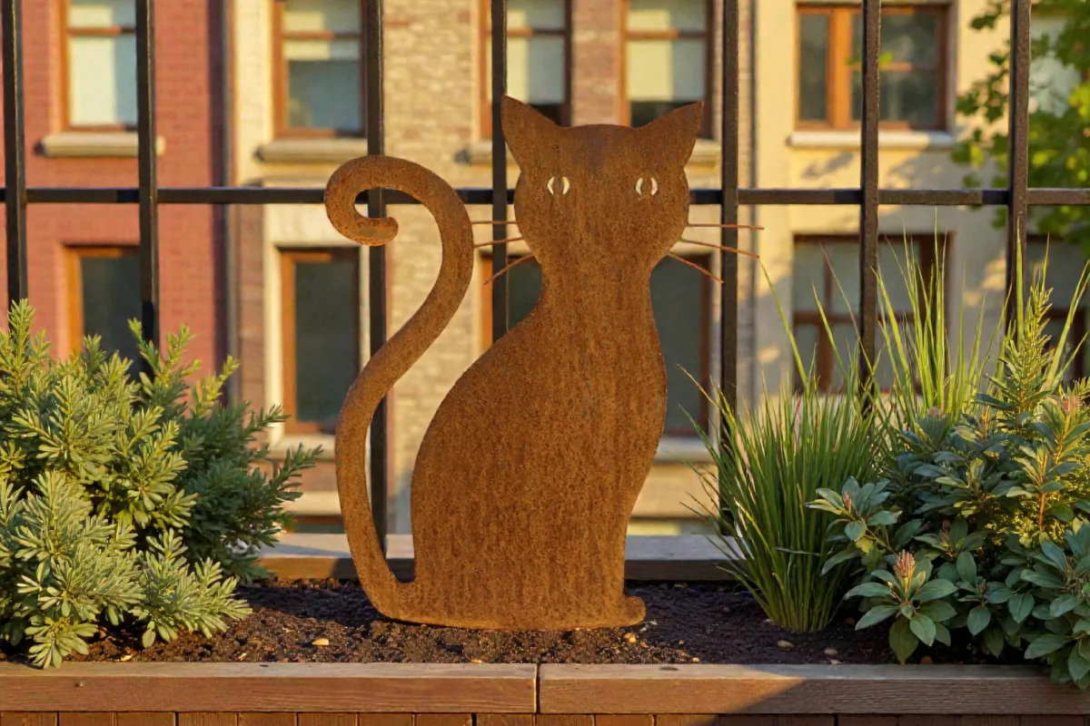 chat-corten-appartement Silhouette d'animal en acier corten représentant un chat sur une terasse d'appartement – Normandy Steel