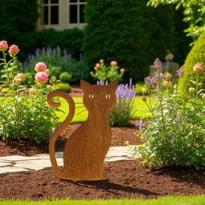 Shilouette d'animal en acier corten représentant un chat dansun jardin