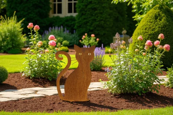 Shilouette d'animal en acier corten représentant un chat dansun jardin