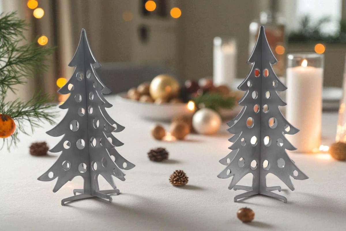 Petit sapin de noel argenté en aluminium sur une table de fete