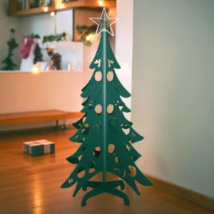 sapin de noel vert en aluminium avec son étoile personnalisable argenté dans un salon
