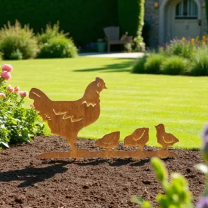 Silhouette d'animal en acier corten représentant une poule et ses poussins dans un jardin
