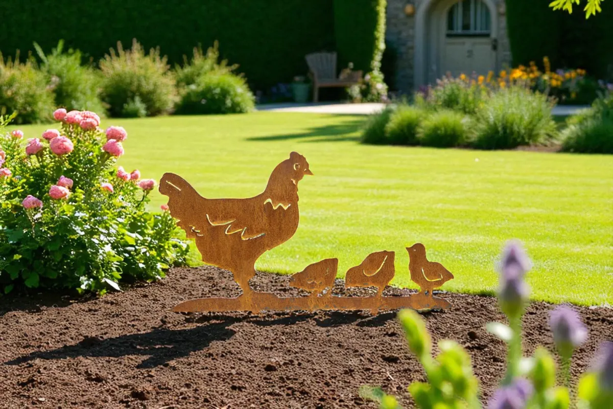 poule-corten-exterieur Silhouette d'animal en acier corten représentant une poule et ses poussins dans un jardin